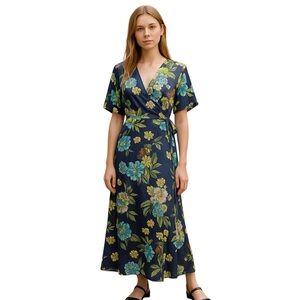 Roam Blue Floral Maxi Wrap Dress with Tie Back | Size M